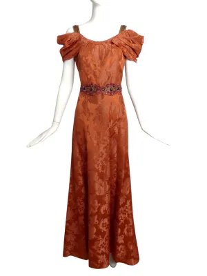 1940s Rust Brocade Evening Gown, Size 4