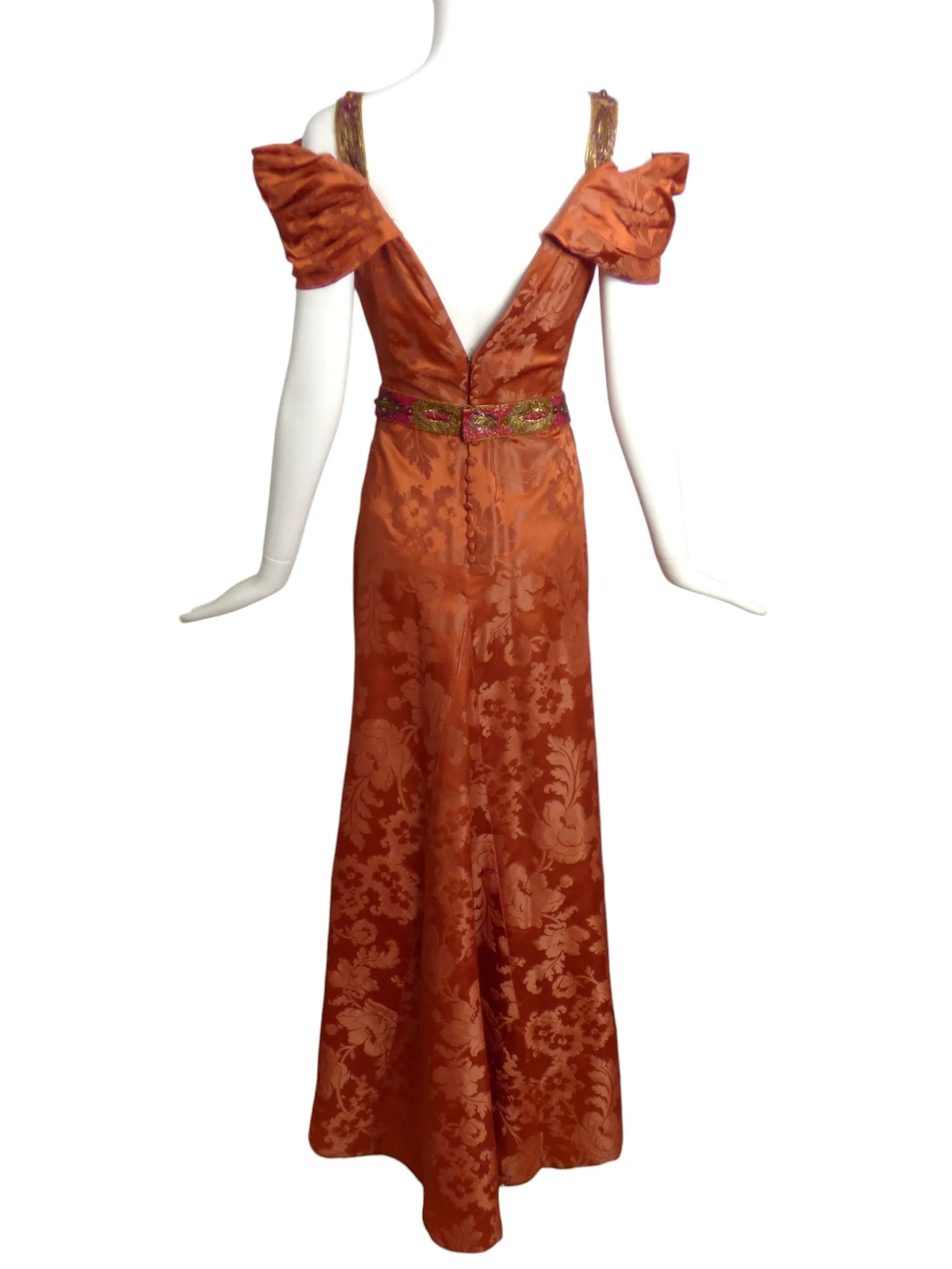 1940s Rust Brocade Evening Gown, Size 4