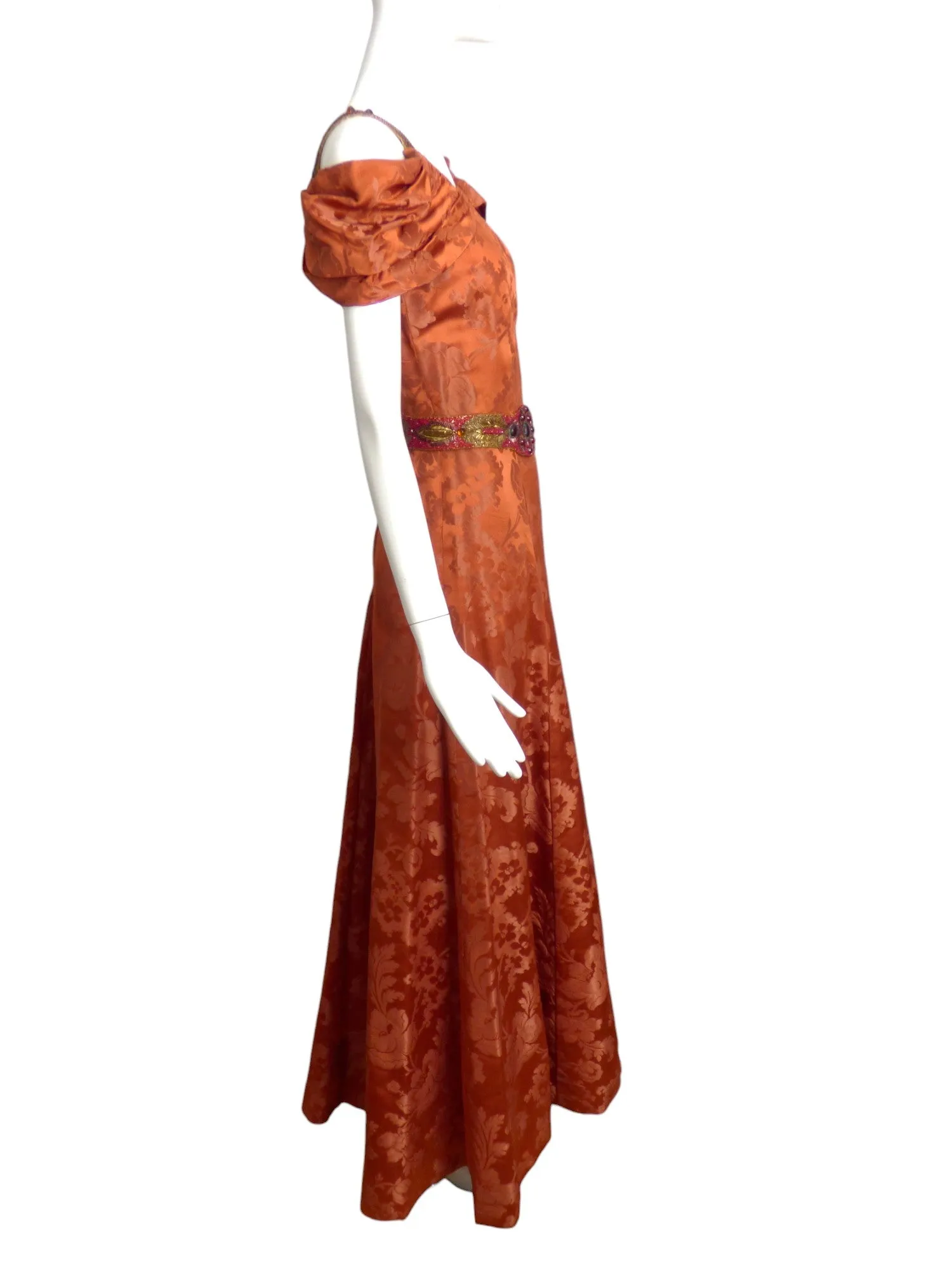 1940s Rust Brocade Evening Gown, Size 4