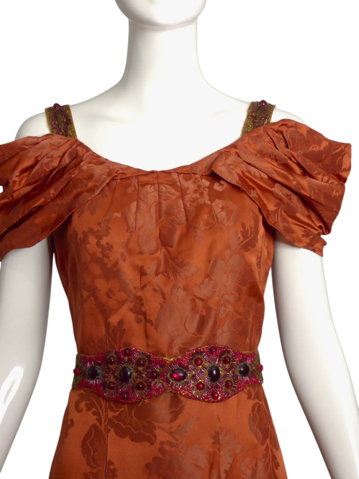 1940s Rust Brocade Evening Gown, Size 4