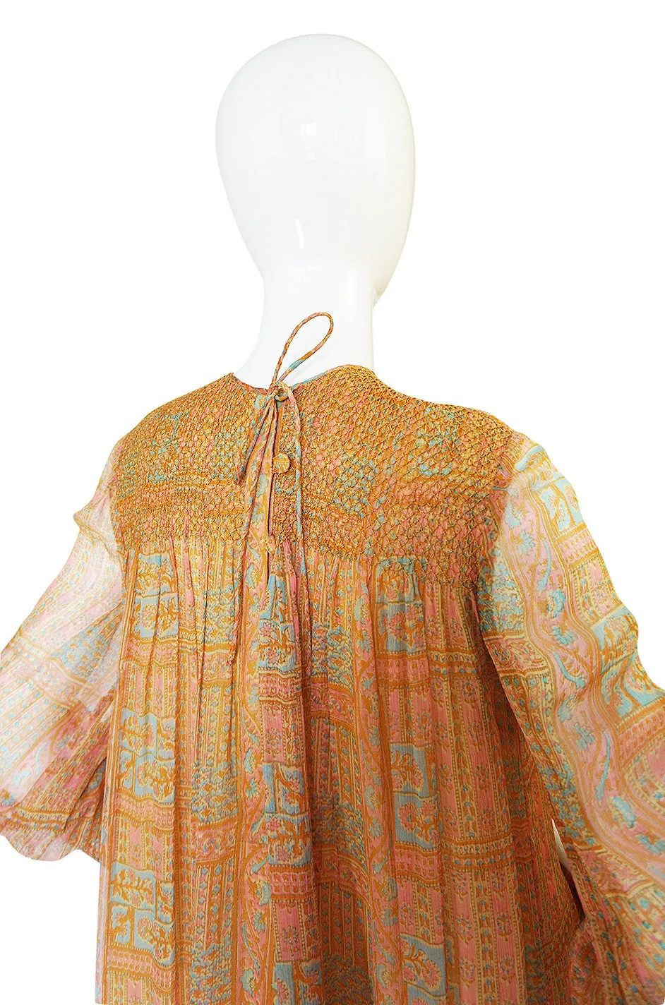 1970s Treacy Lowe Peach Print Silk Chiffon Caftan Dress