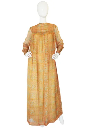 1970s Treacy Lowe Peach Print Silk Chiffon Caftan Dress