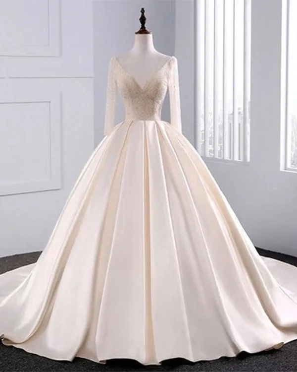 2018 Fashion Simple Beige Wedding Dresses Full Sleeve Modest Lace Satin Bridal Gowns for Wedding