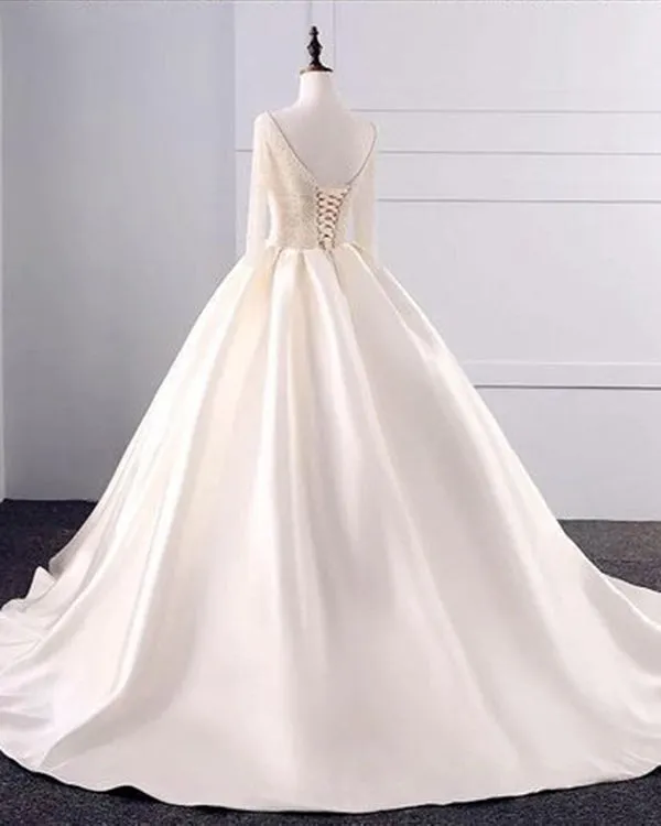 2018 Fashion Simple Beige Wedding Dresses Full Sleeve Modest Lace Satin Bridal Gowns for Wedding