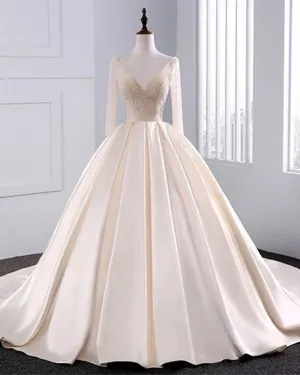 2018 Fashion Simple Beige Wedding Dresses Full Sleeve Modest Lace Satin Bridal Gowns for Wedding