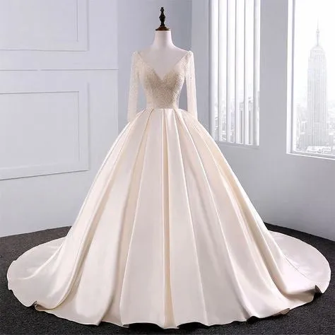 2018 Fashion Simple Beige Wedding Dresses Full Sleeve Modest Lace Satin Bridal Gowns for Wedding