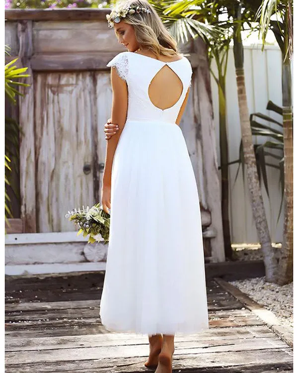 2018 Summer Beach Wedding Dresses A-Line V-Neck Cap Sleeve Open Back Tulle Bridal Gowns with Lace