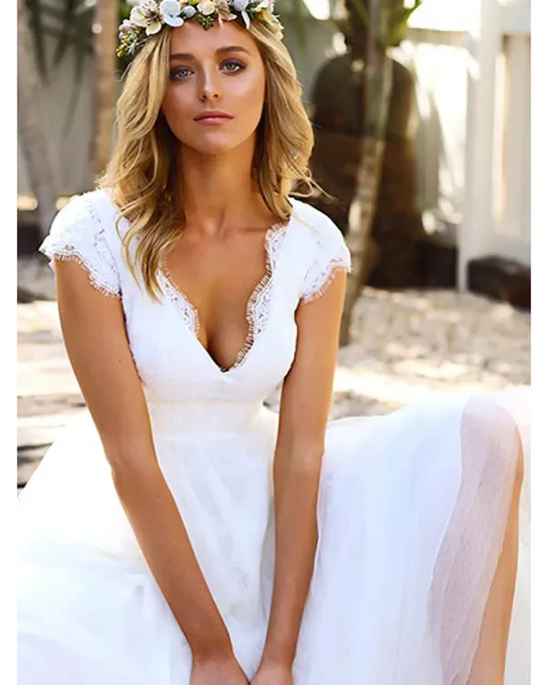 2018 Summer Beach Wedding Dresses A-Line V-Neck Cap Sleeve Open Back Tulle Bridal Gowns with Lace