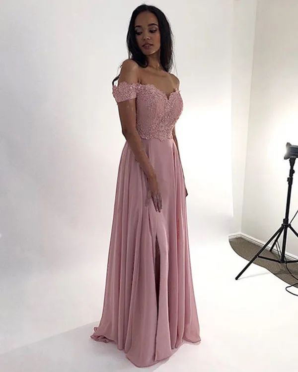 2020 Navy Blue Blue Prom Dresses Off The Shoulder Chiffon Lace Appliques Long Homecoming Gowns