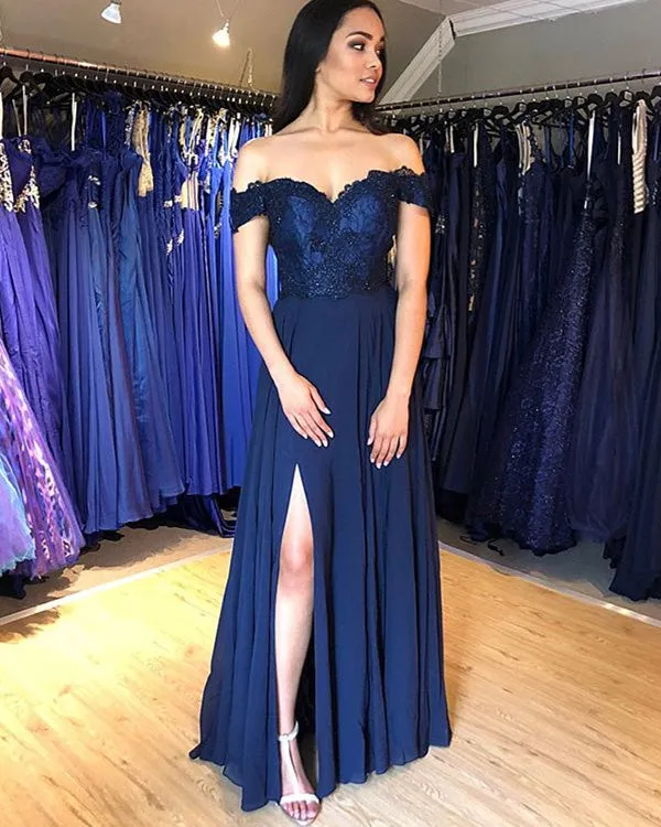 2020 Navy Blue Blue Prom Dresses Off The Shoulder Chiffon Lace Appliques Long Homecoming Gowns