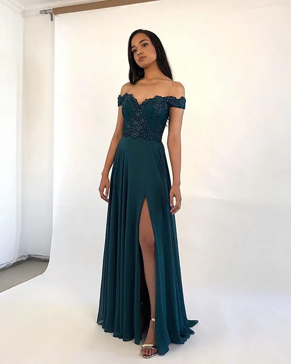 2020 Navy Blue Blue Prom Dresses Off The Shoulder Chiffon Lace Appliques Long Homecoming Gowns