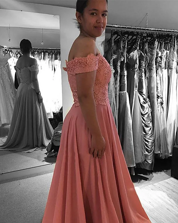 2020 Navy Blue Blue Prom Dresses Off The Shoulder Chiffon Lace Appliques Long Homecoming Gowns