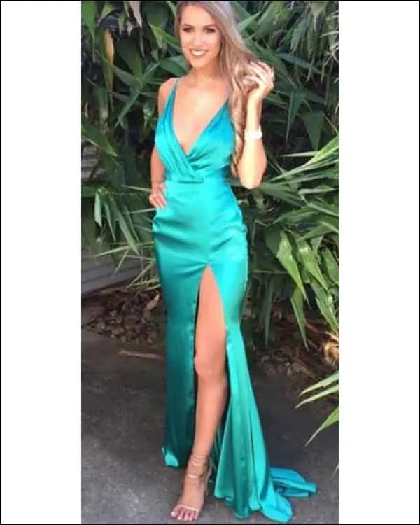 2020 Turquoise Silk Like Satin Mermaid Prom Dresses with Split Sexy Deep V-Neck Long Prom Gowns for Party