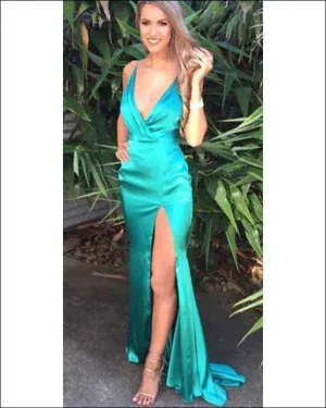 2020 Turquoise Silk Like Satin Mermaid Prom Dresses with Split Sexy Deep V-Neck Long Prom Gowns for Party