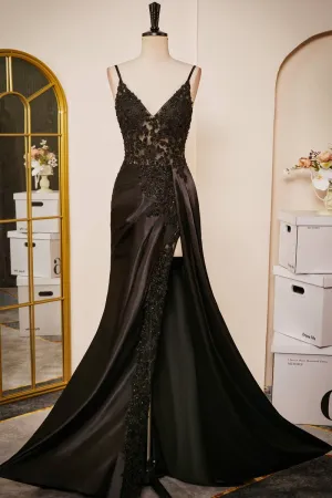 2024 Black Formal Dresses Mermaid Lace Prom Dresses V-Neck Sheer Corset