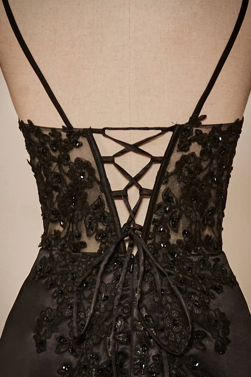 2024 Black Formal Dresses Mermaid Lace Prom Dresses V-Neck Sheer Corset