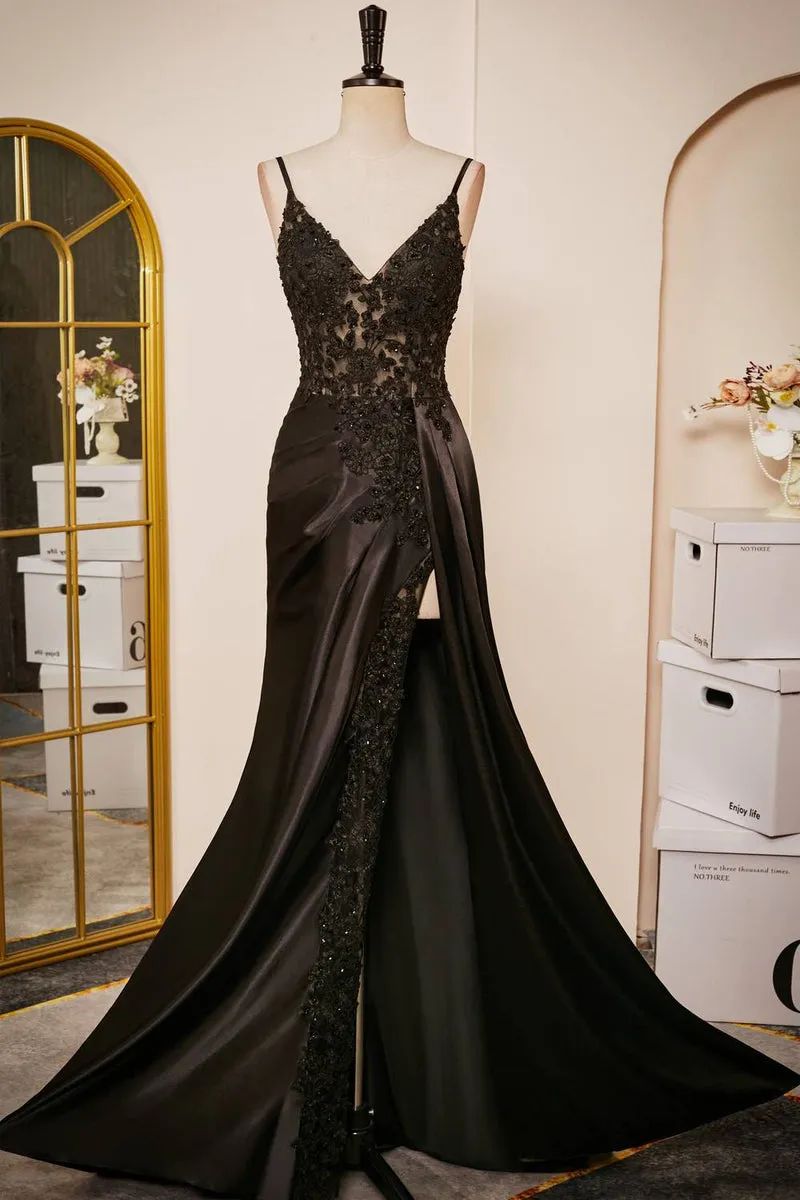 2024 Black Formal Dresses Mermaid Lace Prom Dresses V-Neck Sheer Corset