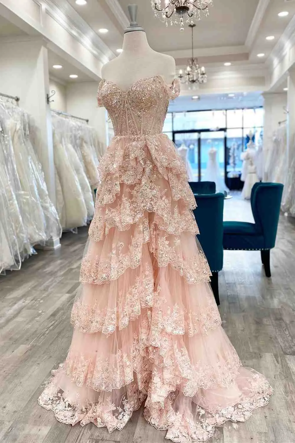 2025 Long Light Blue Corset Lace Prom Gowns Tiered Tulle Formal Graduation Dress