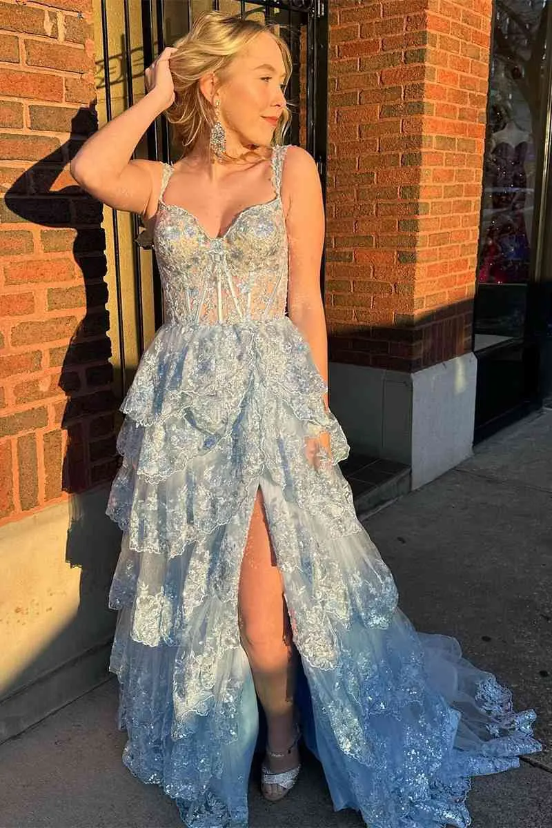 2025 Long Light Blue Corset Lace Prom Gowns Tiered Tulle Formal Graduation Dress