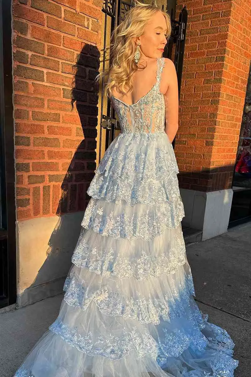 2025 Long Light Blue Corset Lace Prom Gowns Tiered Tulle Formal Graduation Dress