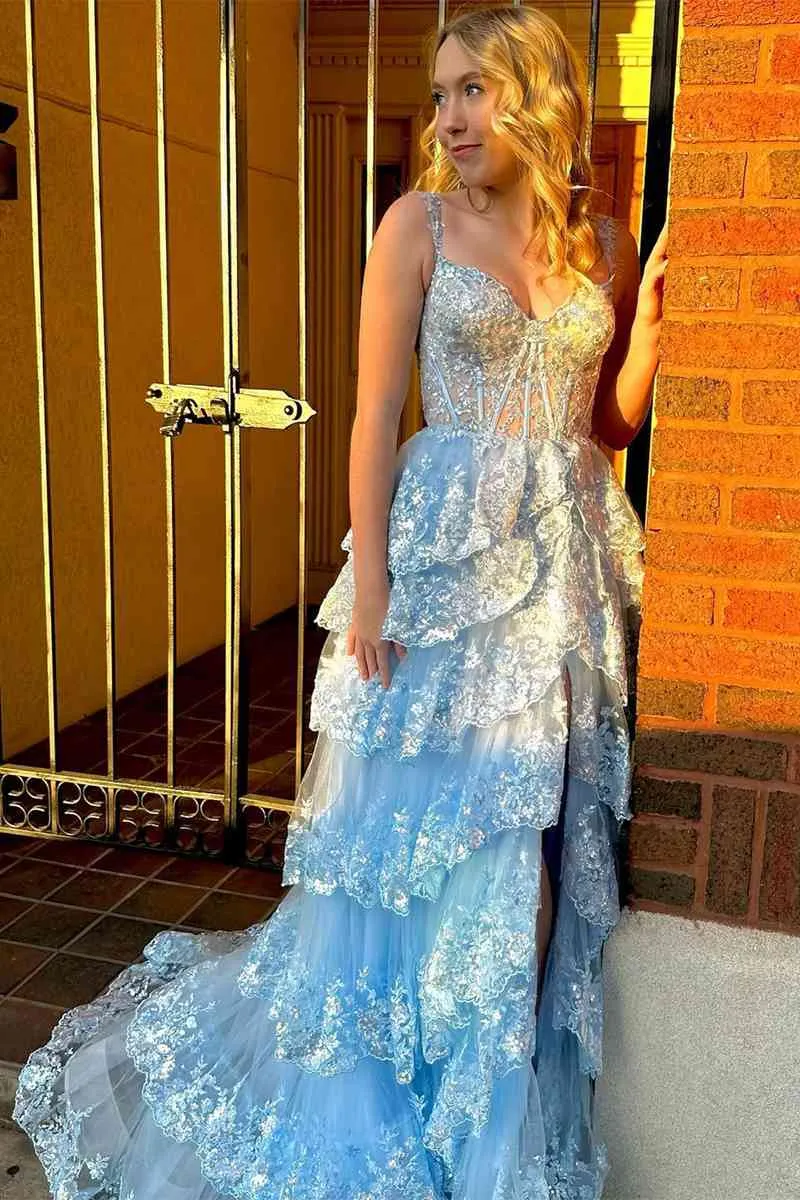 2025 Long Light Blue Corset Lace Prom Gowns Tiered Tulle Formal Graduation Dress