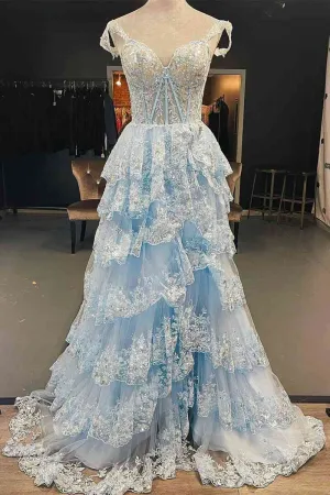 2025 Long Light Blue Corset Lace Prom Gowns Tiered Tulle Formal Graduation Dress