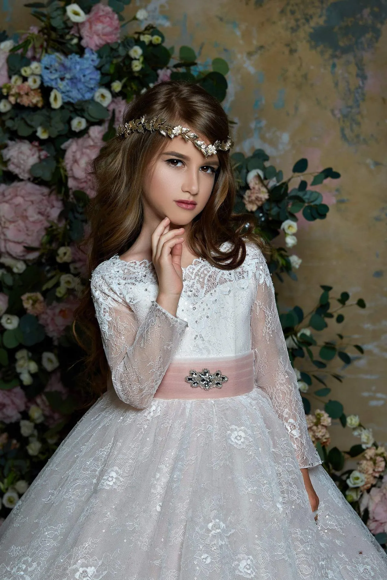 2351 Long Lace Flower Girl Dress for Girls with Sash