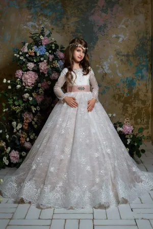 2351 Long Lace Flower Girl Dress for Girls with Sash