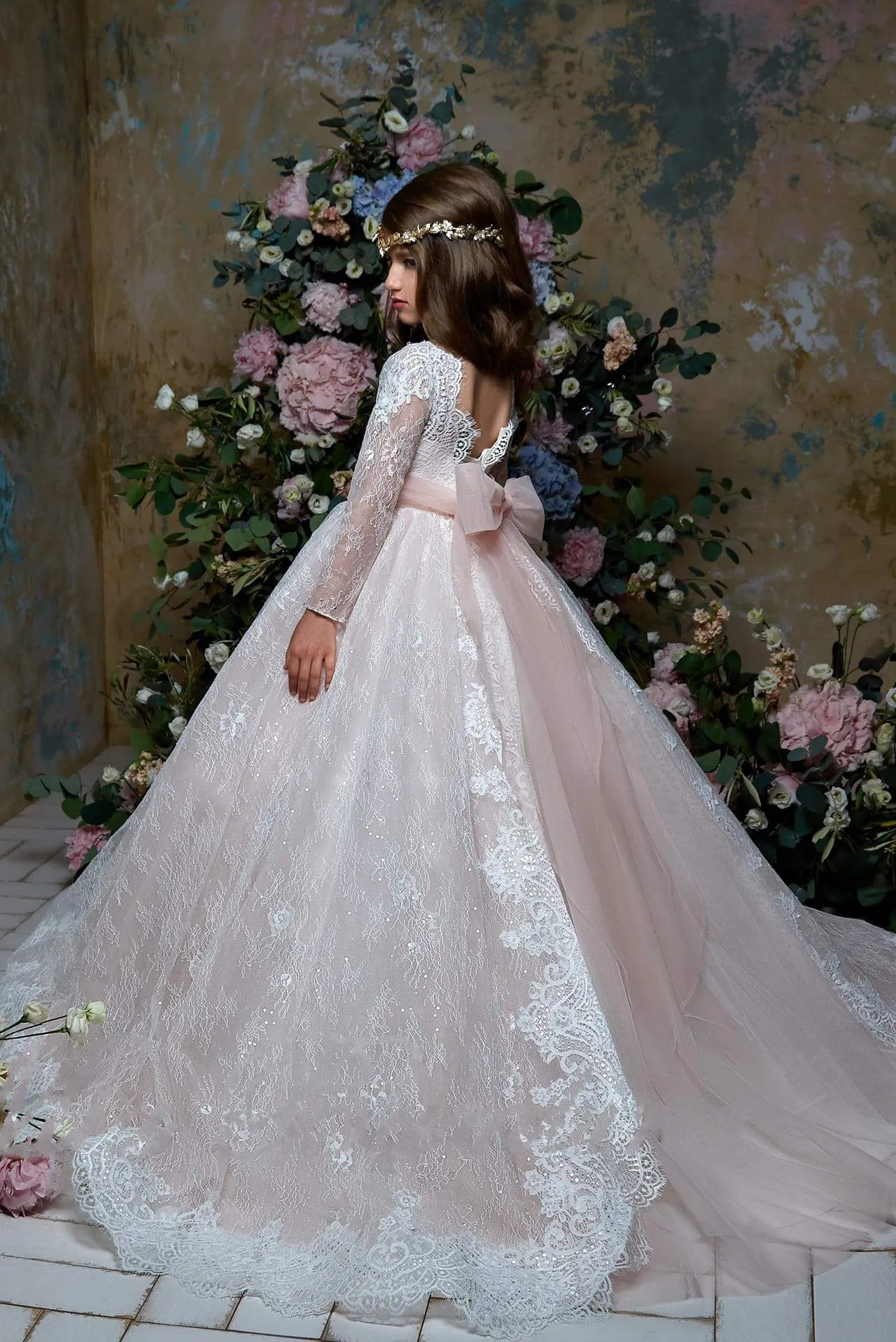 2351 Long Lace Flower Girl Dress for Girls with Sash
