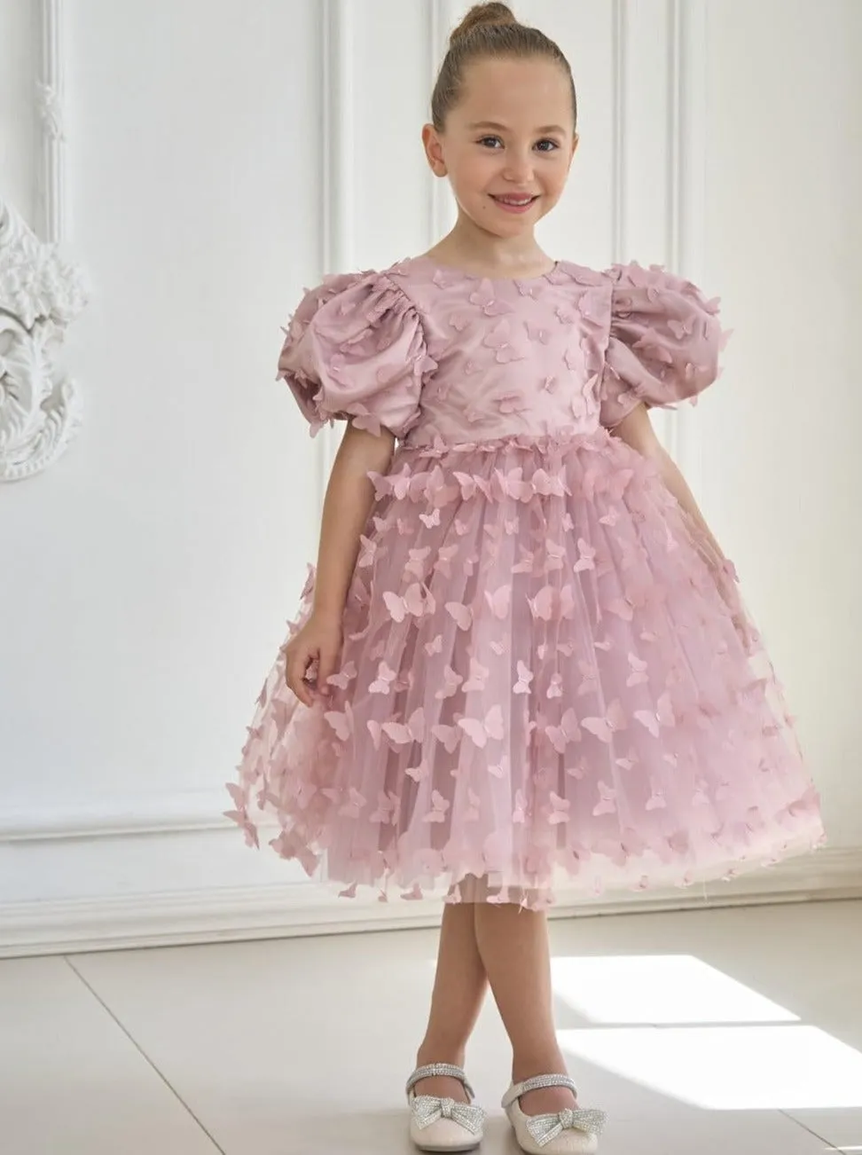 2Bunnies Girls' 3D Butterfly Puff Sleeve Babydoll Fit & Flare Dress