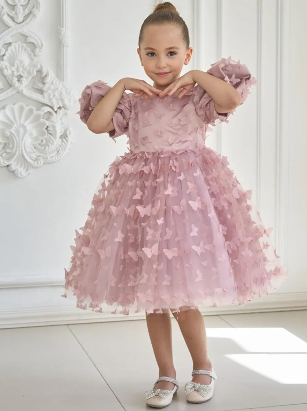 2Bunnies Girls' 3D Butterfly Puff Sleeve Babydoll Fit & Flare Dress