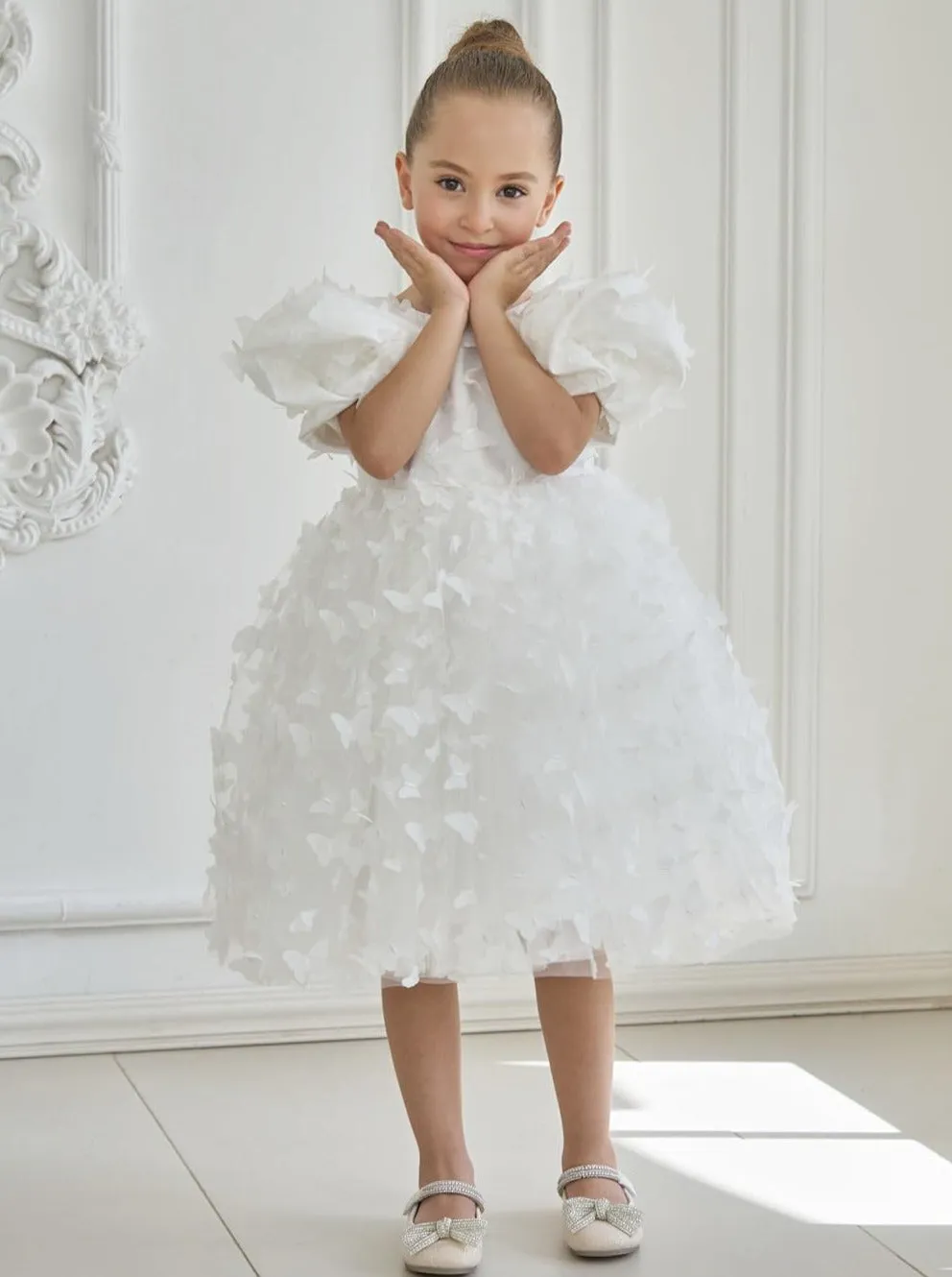2Bunnies Girls' 3D Butterfly Puff Sleeve Babydoll Fit & Flare Dress