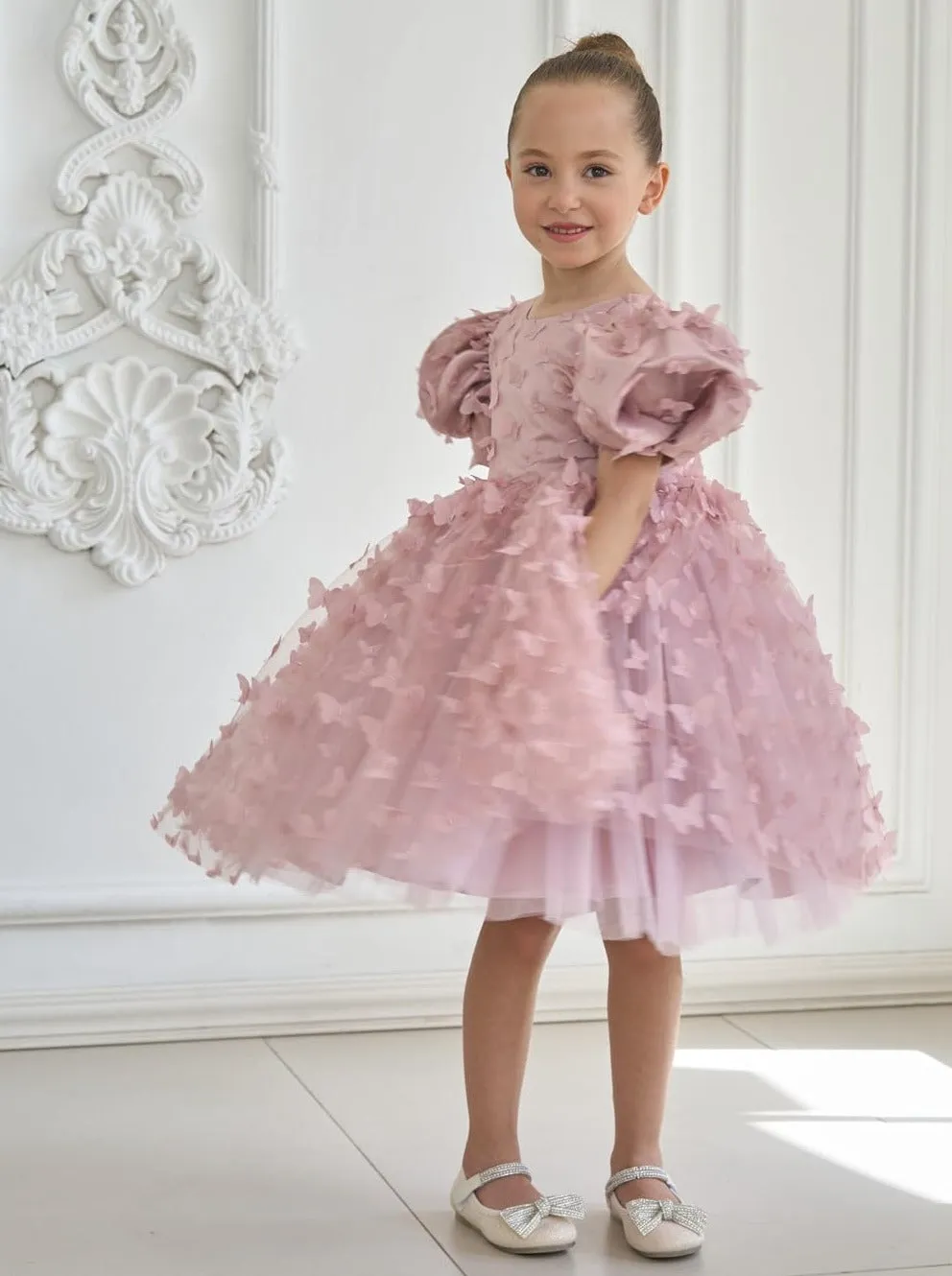 2Bunnies Girls' 3D Butterfly Puff Sleeve Babydoll Fit & Flare Dress