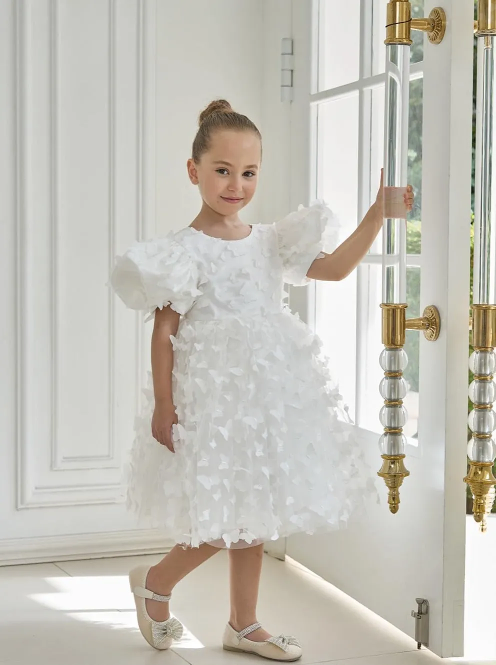 2Bunnies Girls' 3D Butterfly Puff Sleeve Babydoll Fit & Flare Dress