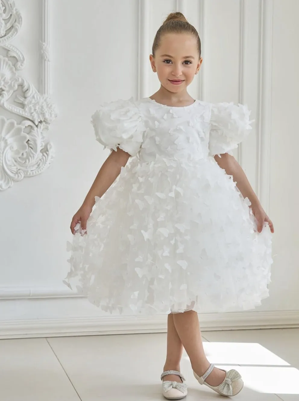 2Bunnies Girls' 3D Butterfly Puff Sleeve Babydoll Fit & Flare Dress