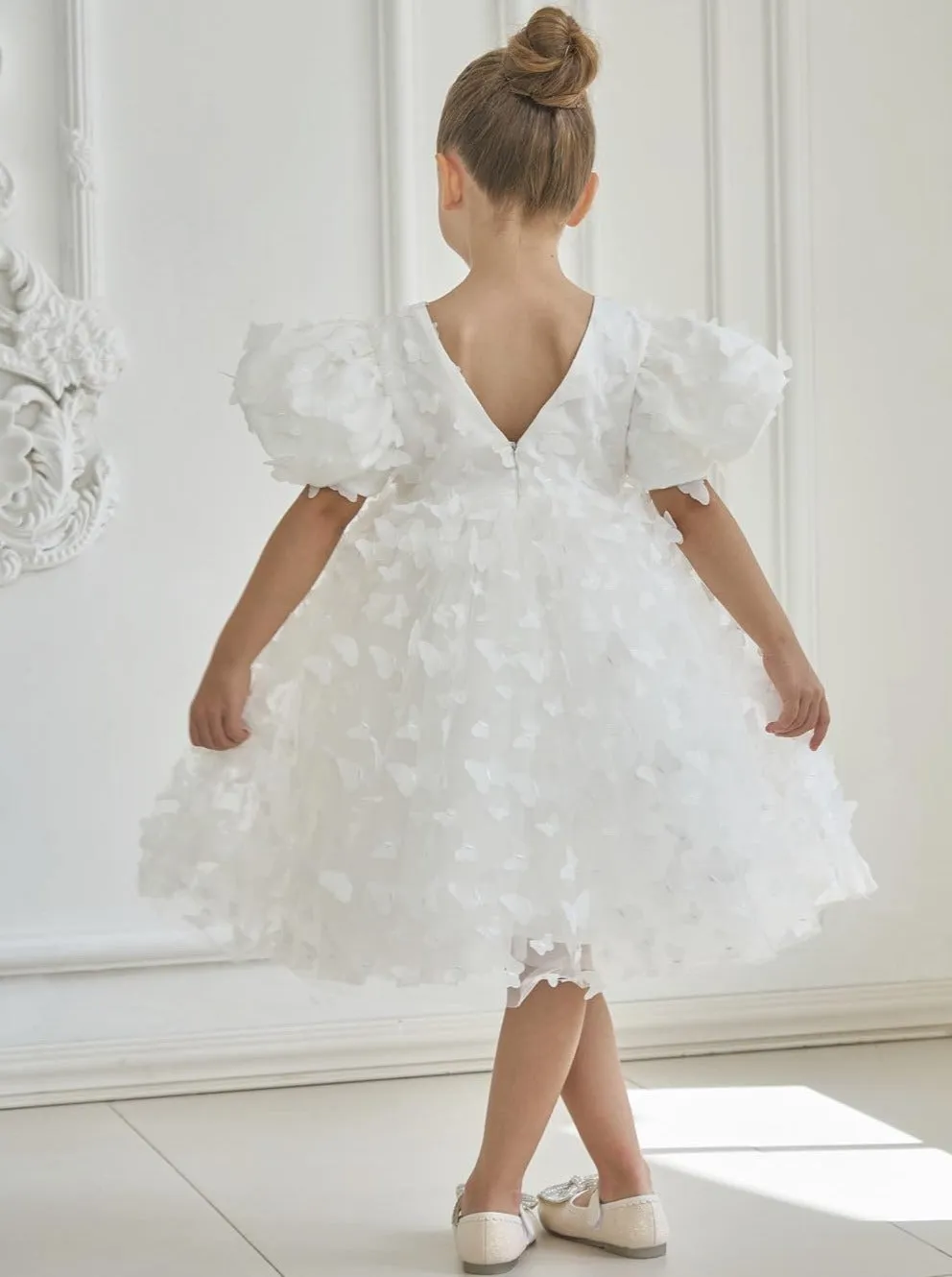 2Bunnies Girls' 3D Butterfly Puff Sleeve Babydoll Fit & Flare Dress