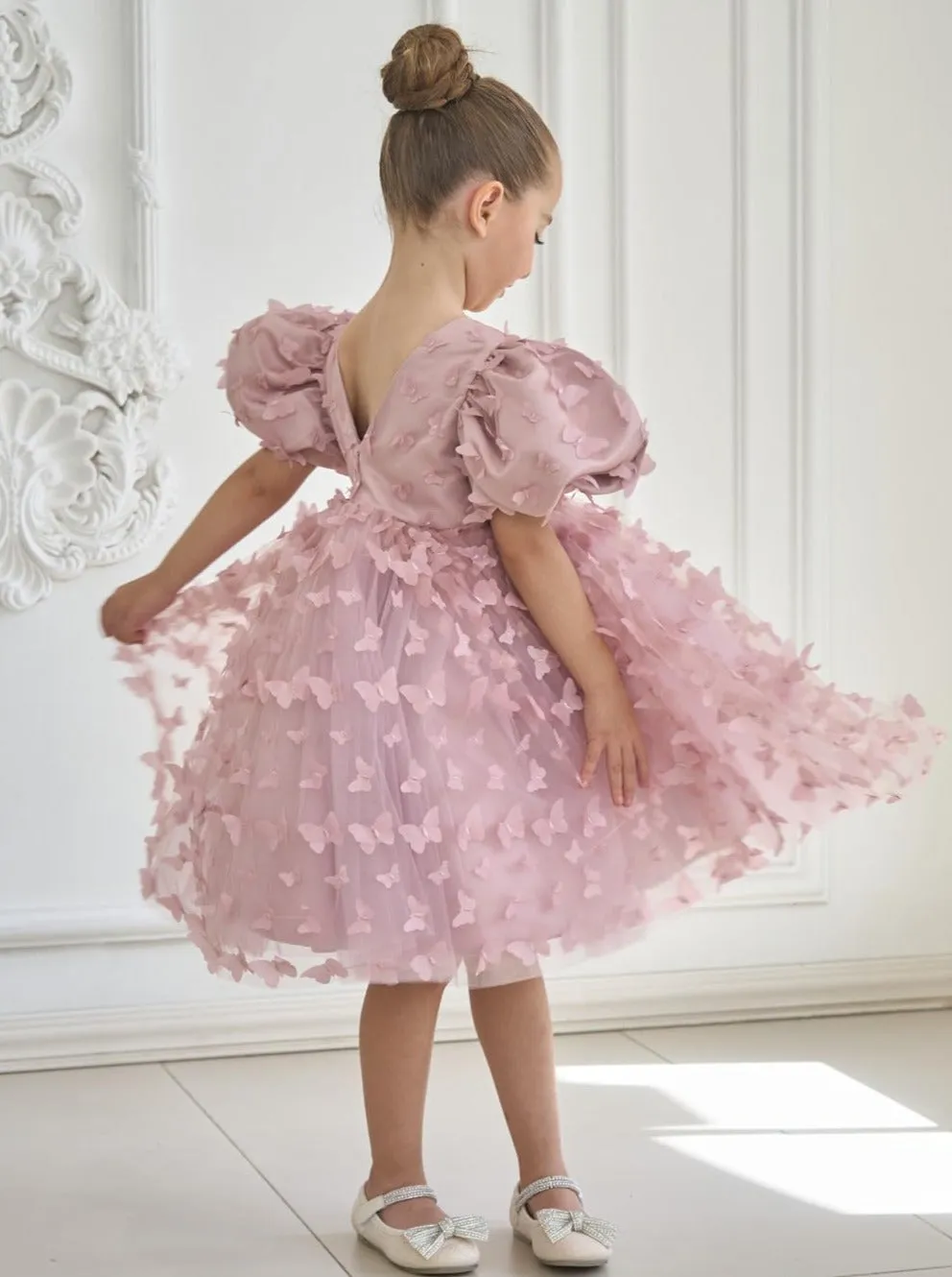 2Bunnies Girls' 3D Butterfly Puff Sleeve Babydoll Fit & Flare Dress