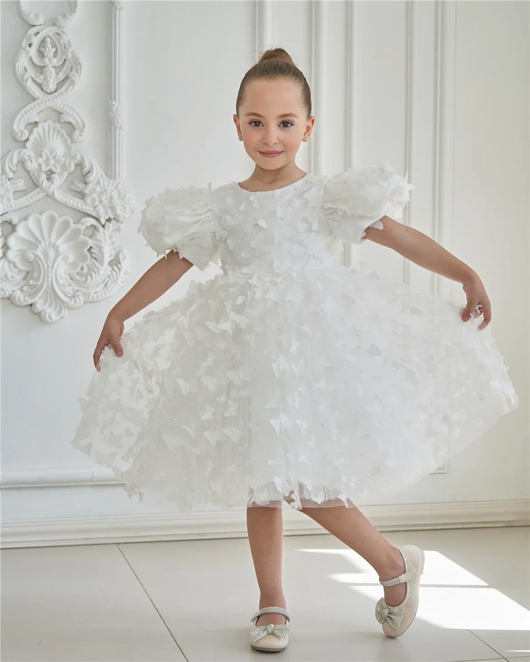 2Bunnies Girls' 3D Butterfly Puff Sleeve Babydoll Fit & Flare Dress