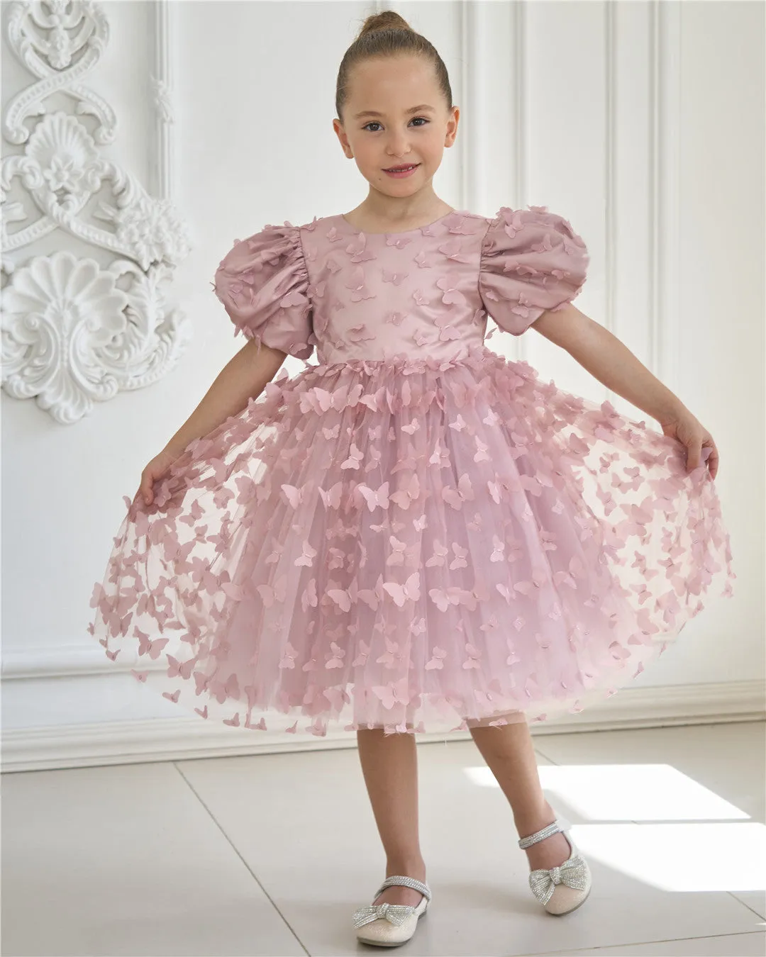 2Bunnies Girls' 3D Butterfly Puff Sleeve Babydoll Fit & Flare Dress