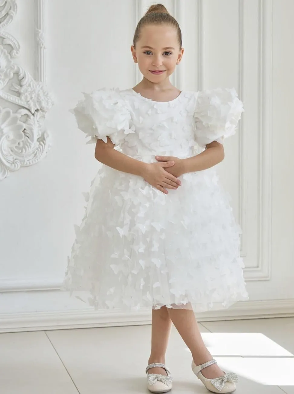2Bunnies Girls' 3D Butterfly Puff Sleeve Babydoll Fit & Flare Dress