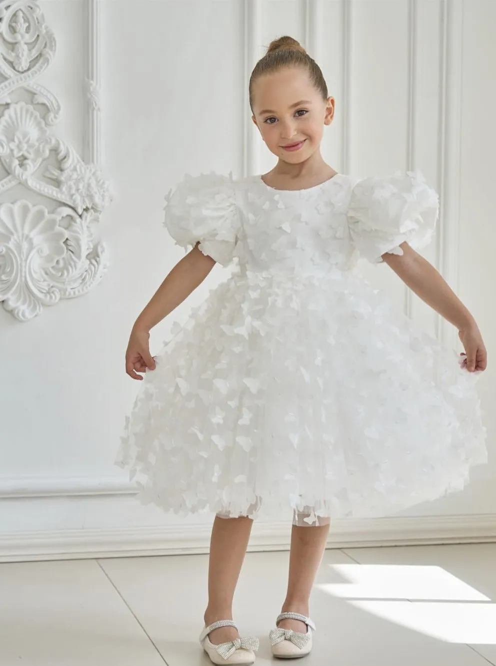 2Bunnies Girls' 3D Butterfly Puff Sleeve Babydoll Fit & Flare Dress