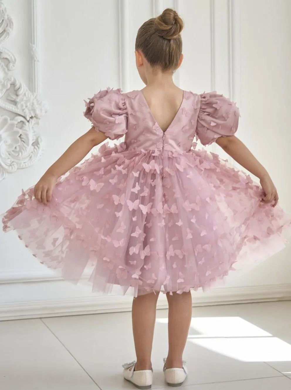 2Bunnies Girls' 3D Butterfly Puff Sleeve Babydoll Fit & Flare Dress