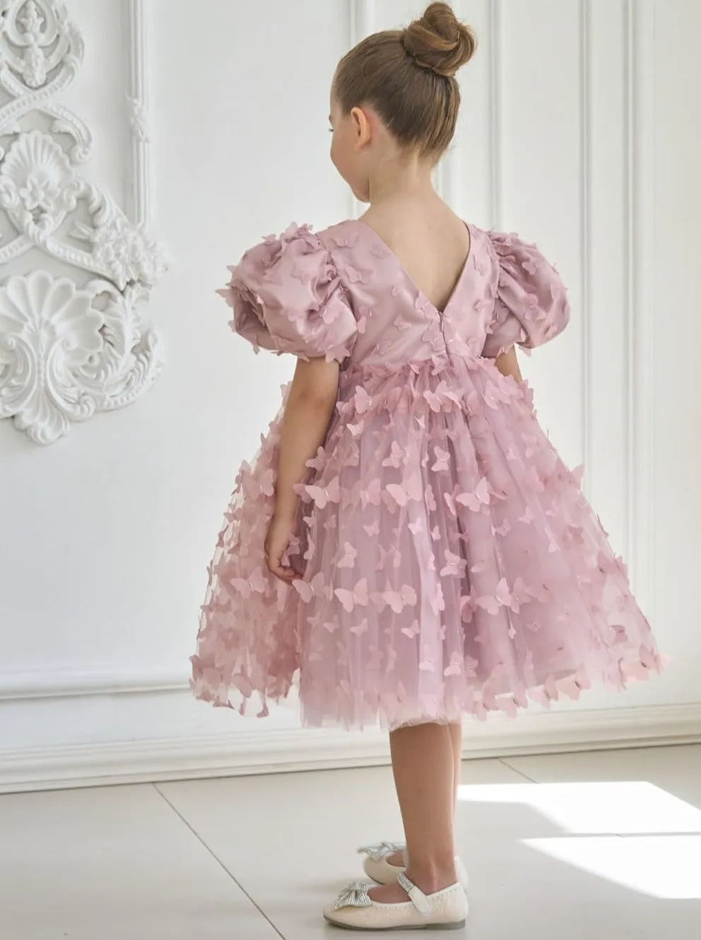 2Bunnies Girls' 3D Butterfly Puff Sleeve Babydoll Fit & Flare Dress