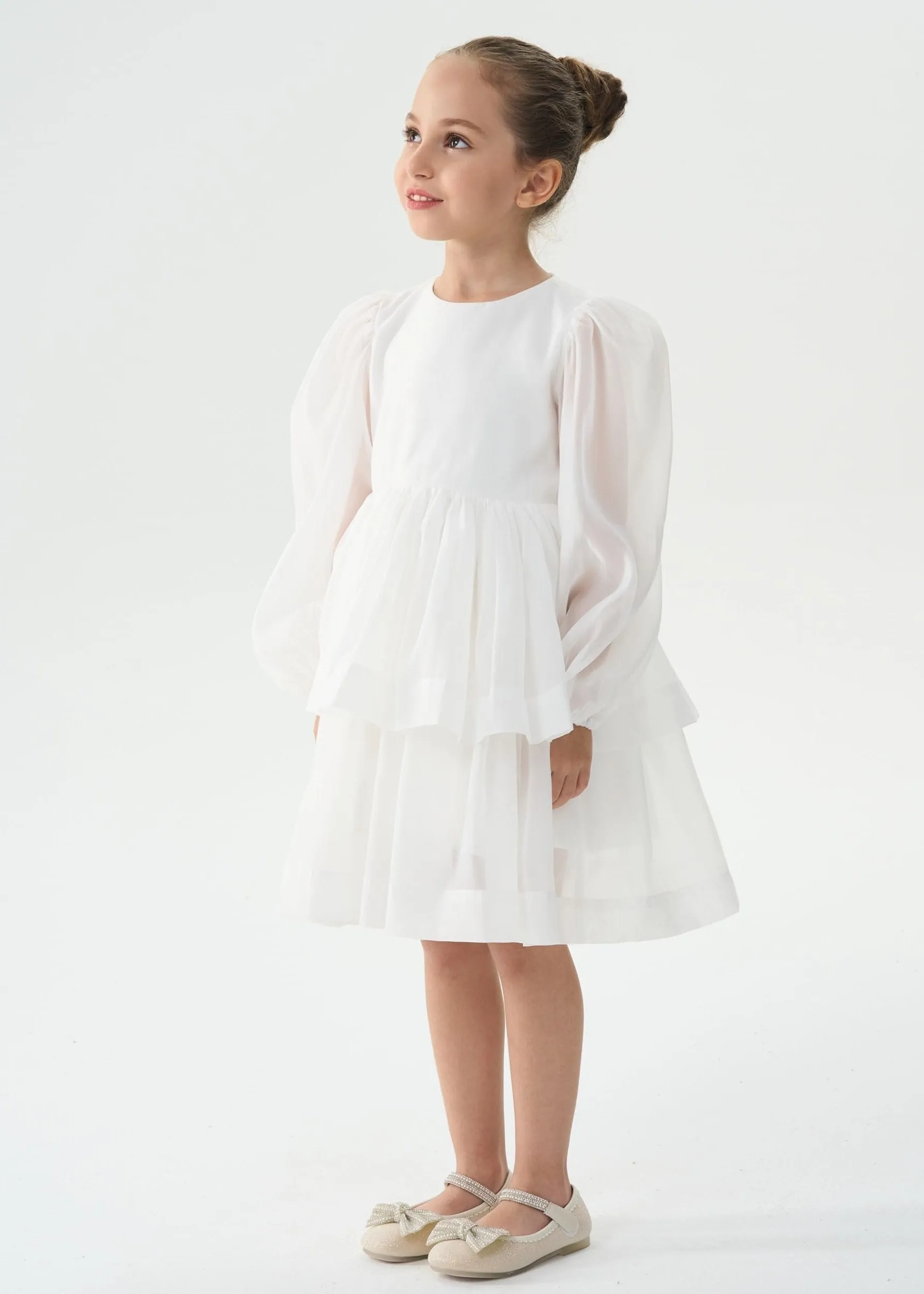 2Bunnies Girls' Organza Long Sleeve Tiered Babydoll Skater Dress