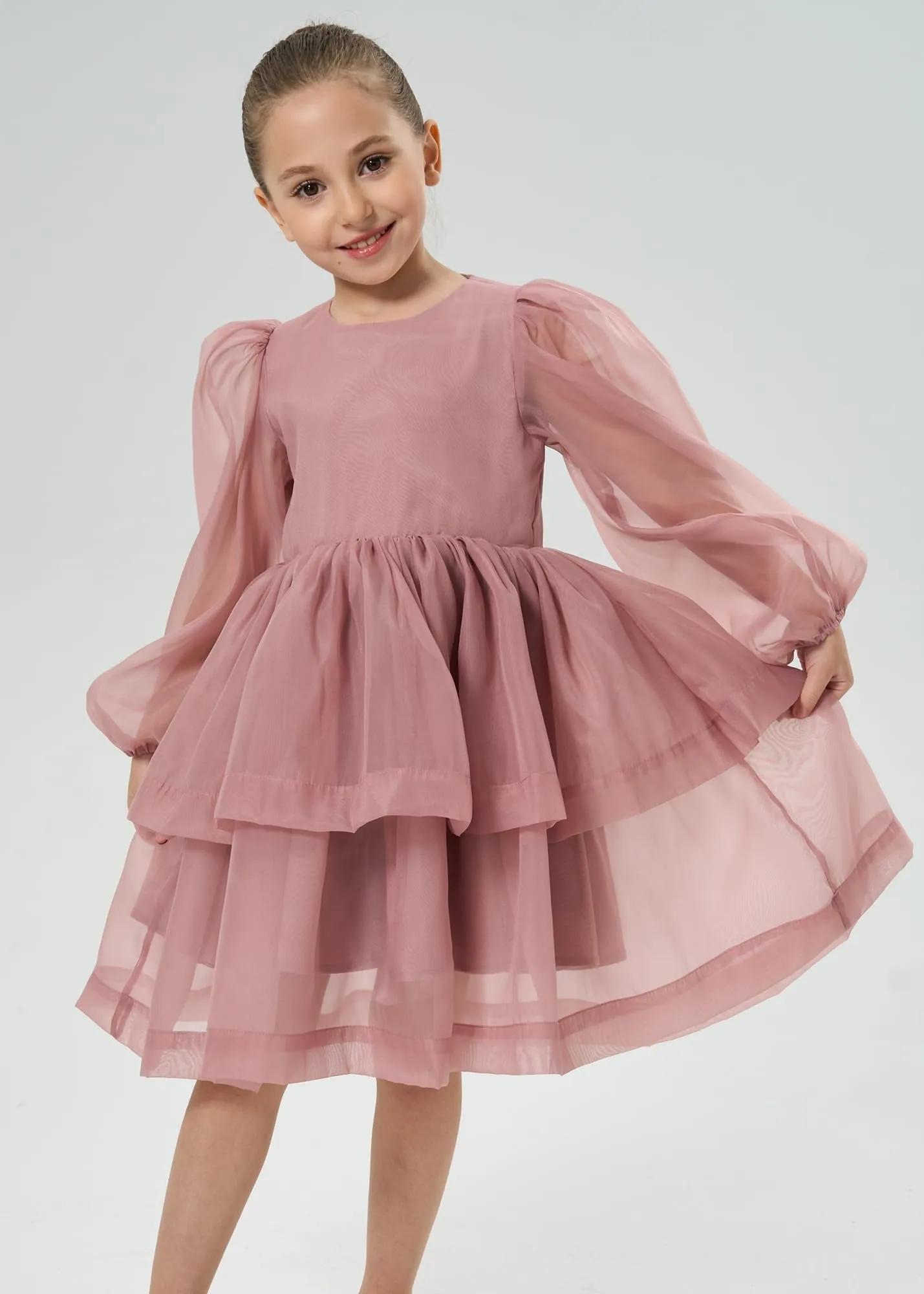 2Bunnies Girls' Organza Long Sleeve Tiered Babydoll Skater Dress