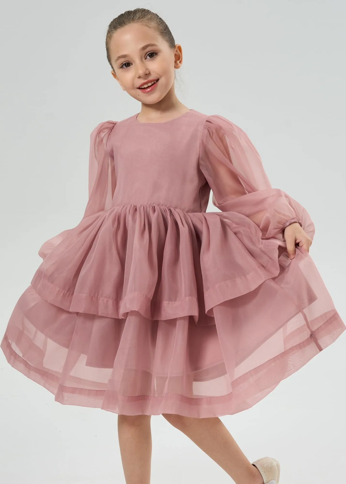 2Bunnies Girls' Organza Long Sleeve Tiered Babydoll Skater Dress