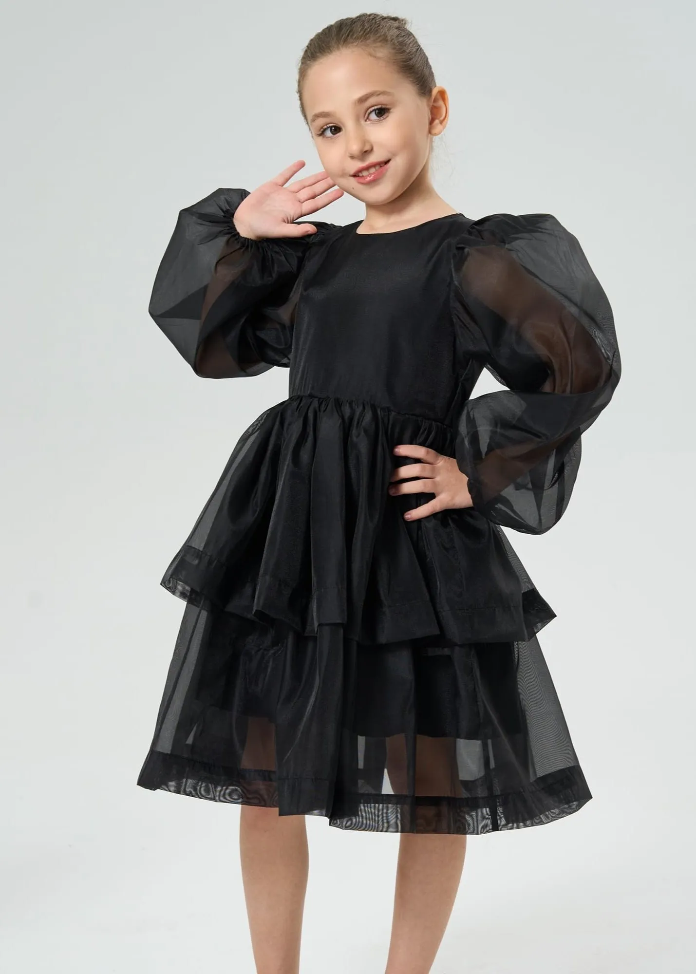 2Bunnies Girls' Organza Long Sleeve Tiered Babydoll Skater Dress