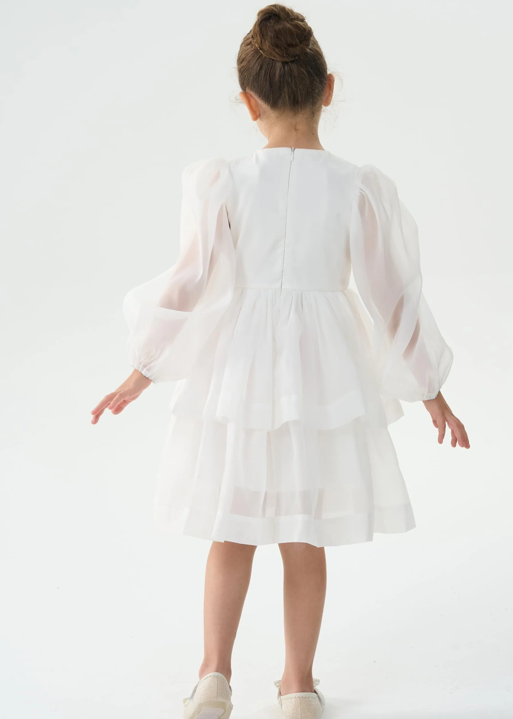 2Bunnies Girls' Organza Long Sleeve Tiered Babydoll Skater Dress