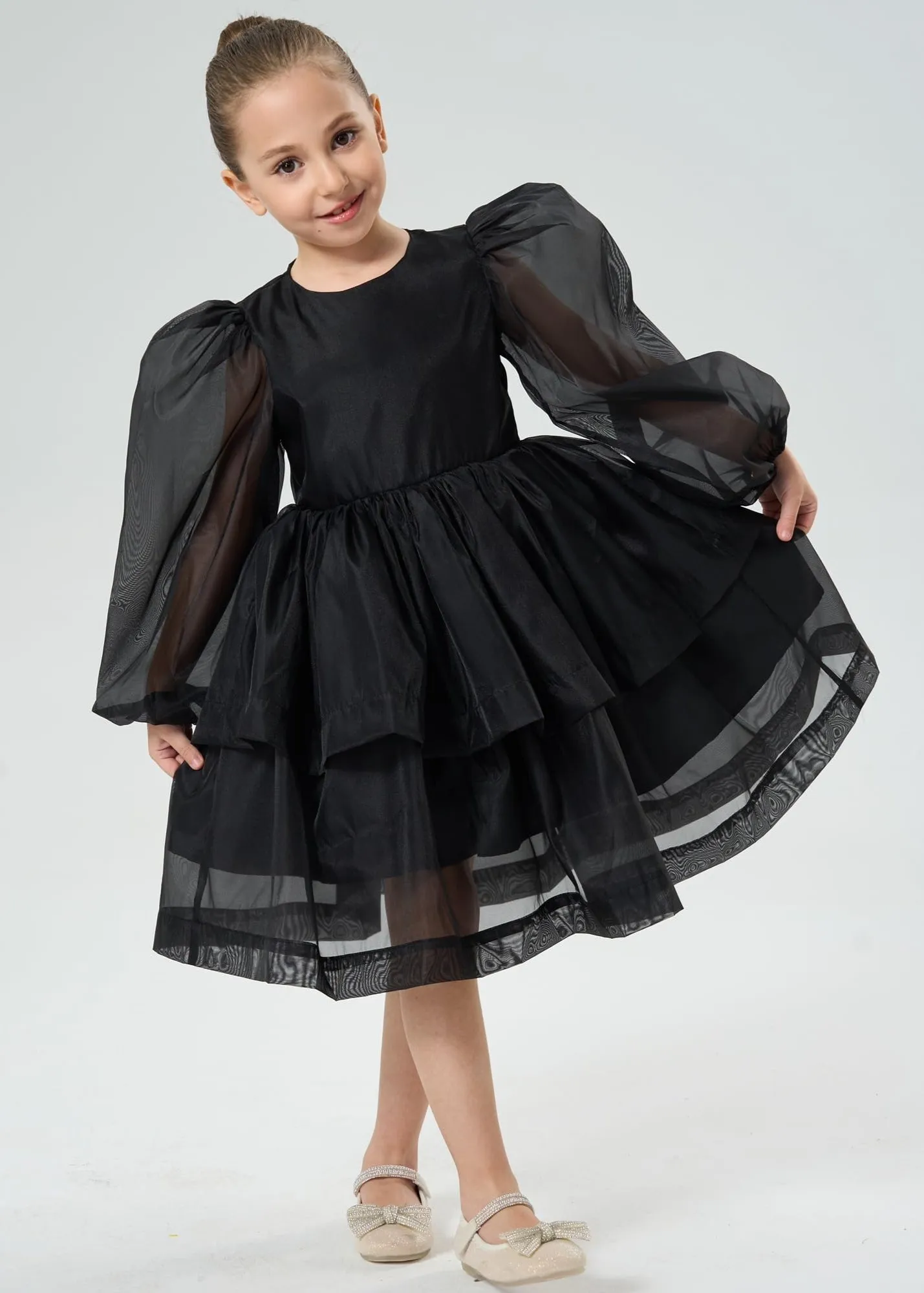 2Bunnies Girls' Organza Long Sleeve Tiered Babydoll Skater Dress