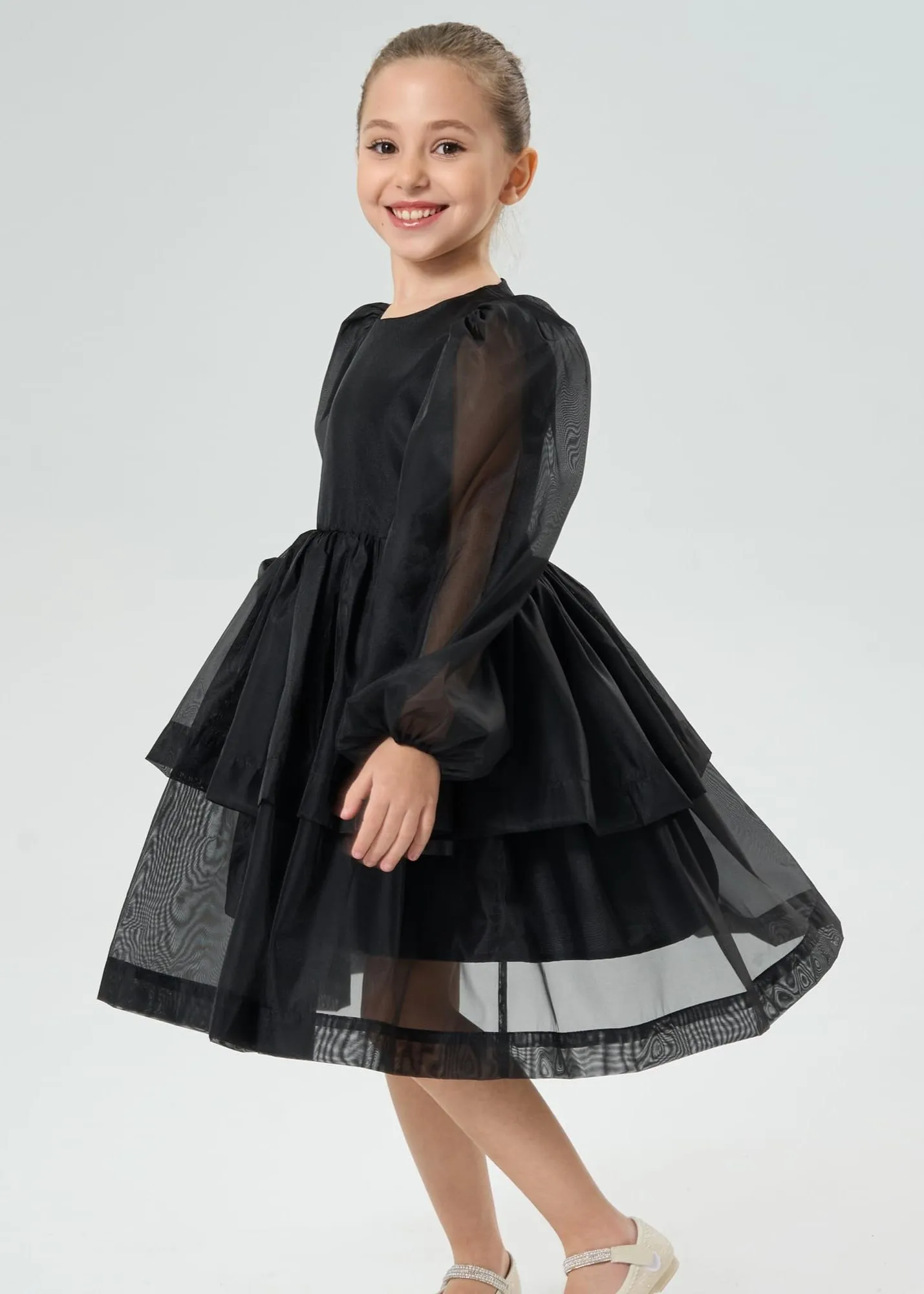 2Bunnies Girls' Organza Long Sleeve Tiered Babydoll Skater Dress